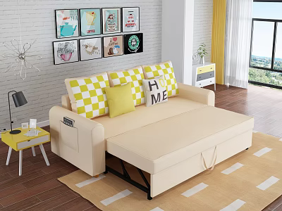 Beige Three Seater Sofa With Yellow White Checkered Cushions And Pull Out Bed 3d model