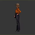 Stylish Woman In Orange Top Dark Pants Beret Hat With Crossbody Bag On Gray Background