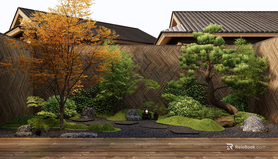 Japanese Courtyard Garden With Orange Leaf Tree Pine Bamboo Fence Stones And Wooden Deck 3d model 