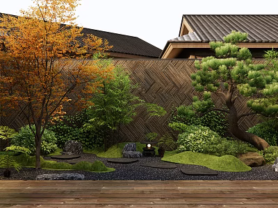 Japanese Courtyard Garden With Orange Leaf Tree Pine Bamboo Fence Stones And Wooden Deck 3d model
