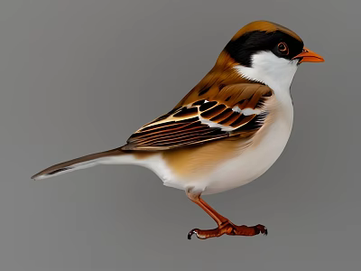 Small Brown and White Bird With Black Head Orange Beak and Striped Wings Standing 3d model