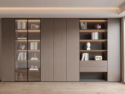 Modern Wooden Bookshelf With Glass Doors Built in Lighting And Decorative Items 3d model