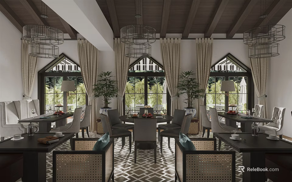 Elegant Cafe Interior Design with Chandeliers Large Windows Curtains Tables Chairs and Plants 3d model 