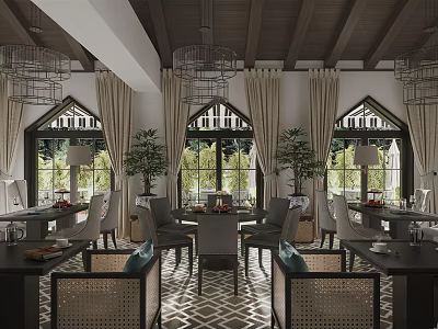 Elegant Cafe Interior Design with Chandeliers Large Windows Curtains Tables Chairs and Plants 3d model
