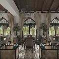 Elegant Cafe Interior Design with Chandeliers Large Windows Curtains Tables Chairs and Plants