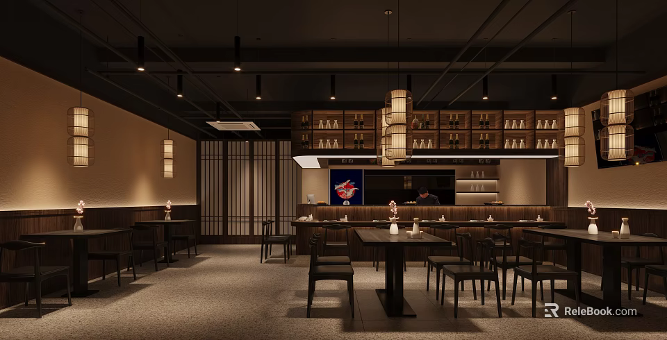 Japanese Restaurant Interior With Wooden Tables Chairs Shoji Screens Pendant Lighting And Wine Racks 3d model 