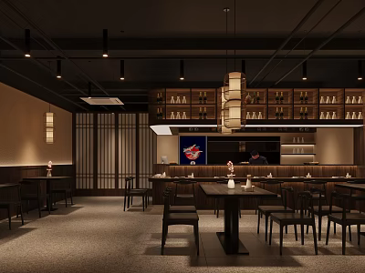 Japanese Restaurant Interior With Wooden Tables Chairs Shoji Screens Pendant Lighting And Wine Racks 3d model