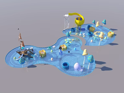 Garden Landscape With Blue Water Pool Yellow Slide And Colorful Play Structures 3d model