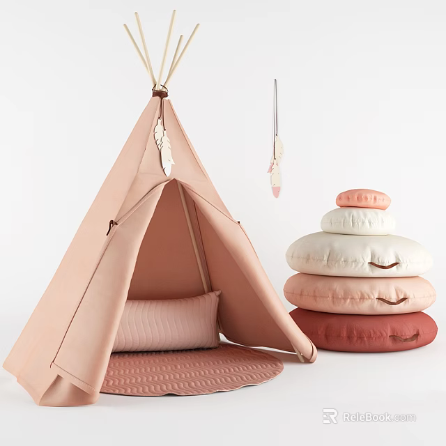 Pink Tepee Tent With Soft Mat Stacked Cushions And Feather Decor 3d model 