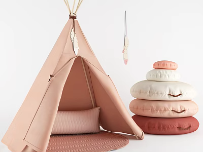 Pink Tepee Tent With Soft Mat Stacked Cushions And Feather Decor 3d model