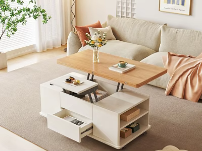 Modern White Coffee Table with Lift Top Storage Drawers and Wooden Surface 3d model