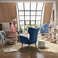 Spacious School Art Studio Featuring Large Windows Blue Chair Easels Paint Supplies Books And Artworks