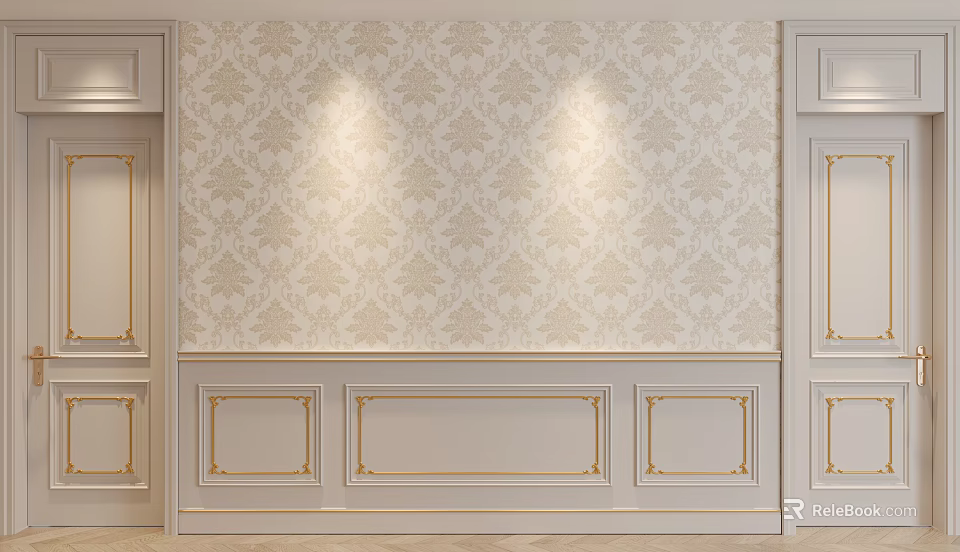 Cream And Gold Patterned Background Wall With Paneled Design And Decorative Trim Illuminated By Lights 3d model 