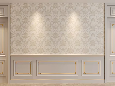 Cream And Gold Patterned Background Wall With Paneled Design And Decorative Trim Illuminated By Lights 3d model