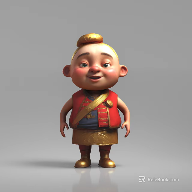 3D Animated Game Movie Character With Bald Head Topknot Red Vest And Gold Outfit 3d model 