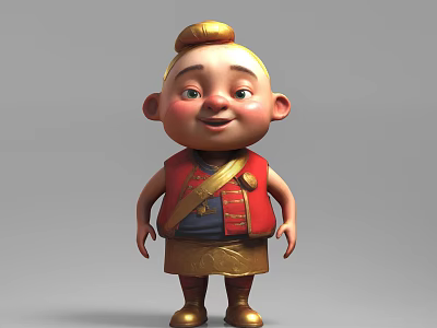 3D Animated Game Movie Character With Bald Head Topknot Red Vest And Gold Outfit 3d model