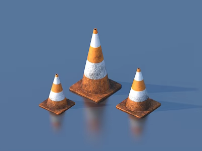 Road Facilities Featuring Orange And White Traffic Cones Of Different Sizes With Rusted Bases 3d model