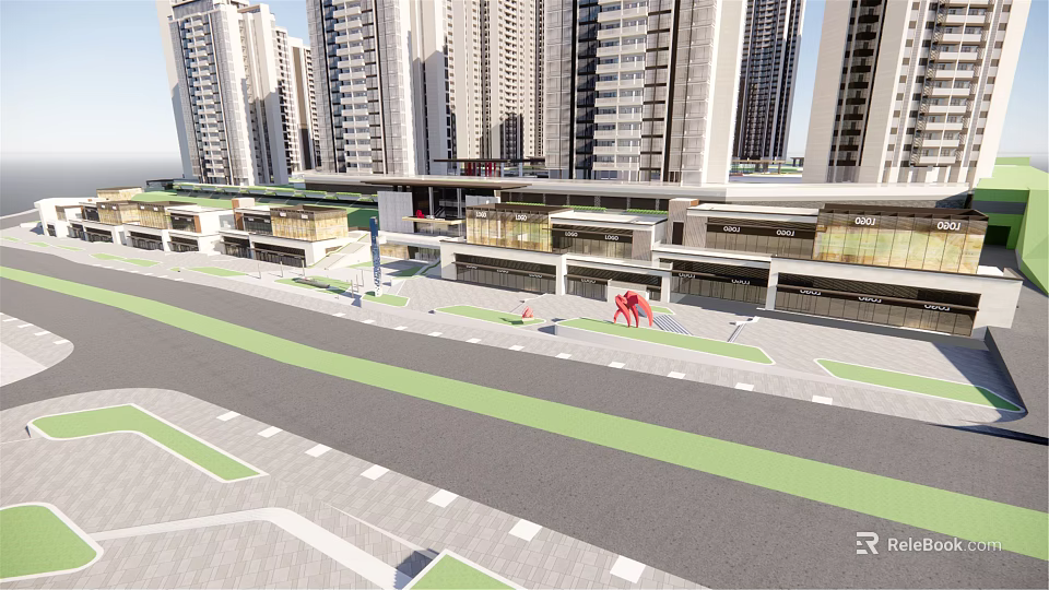Modern Commercial Street With High Rise Buildings And Pedestrian Friendly Layout 3d model 