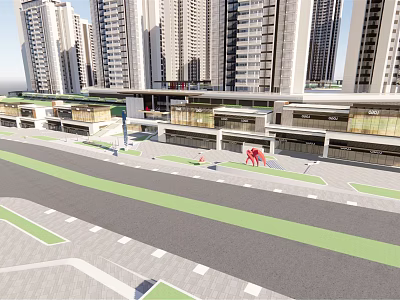 Modern Commercial Street With High Rise Buildings And Pedestrian Friendly Layout 3d model