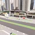 Modern Commercial Street With High Rise Buildings And Pedestrian Friendly Layout