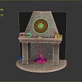 Stone Fireplace Featuring Round Wooden Decoration Mantel With Pots Candles And Burning Fire