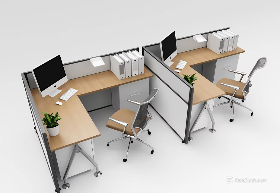 Modern Office Workstations With Partition Computer Monitors File Folders Potted Plants And Chairs 3d model 
