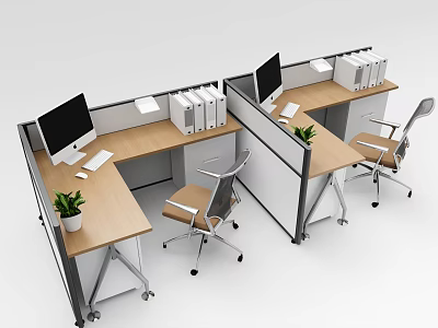 Modern Office Workstations With Partition Computer Monitors File Folders Potted Plants And Chairs 3d model