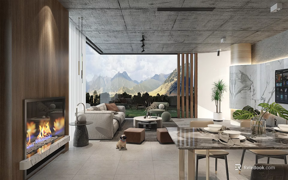 Modern Living Dining Room Interior With Concrete Ceiling Wooden Wall And Mountain View 3d model 