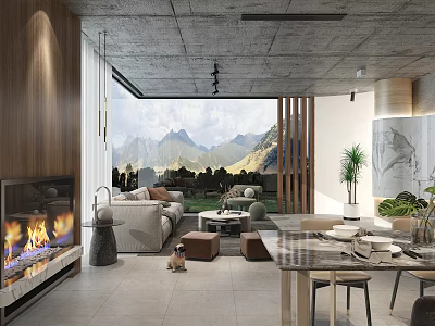 Modern Living Dining Room Interior With Concrete Ceiling Wooden Wall And Mountain View 3d model