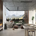 Modern Living Dining Room Interior With Concrete Ceiling Wooden Wall And Mountain View 3d model