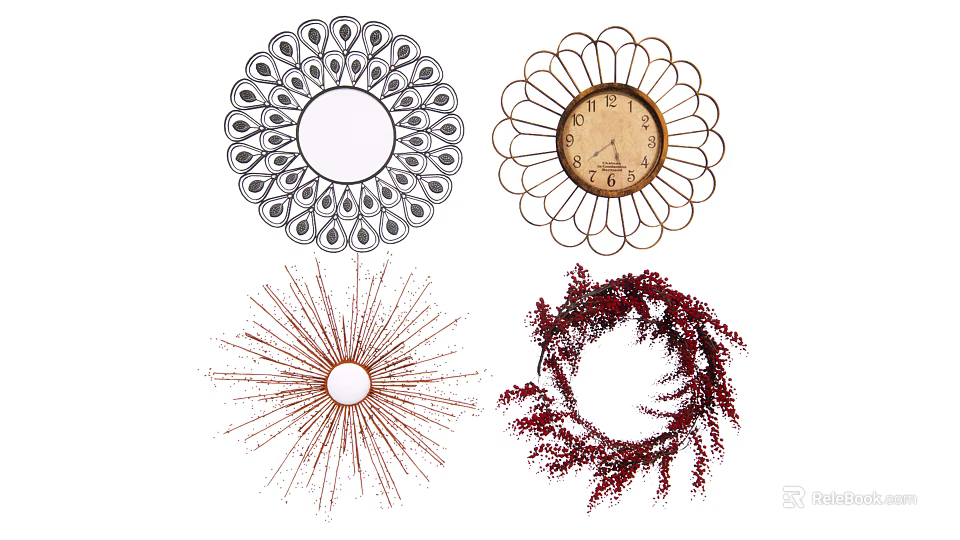 Decorative Wall Decor Collection Featuring Mirror Clock Radiant Design And Wreath 3d model 