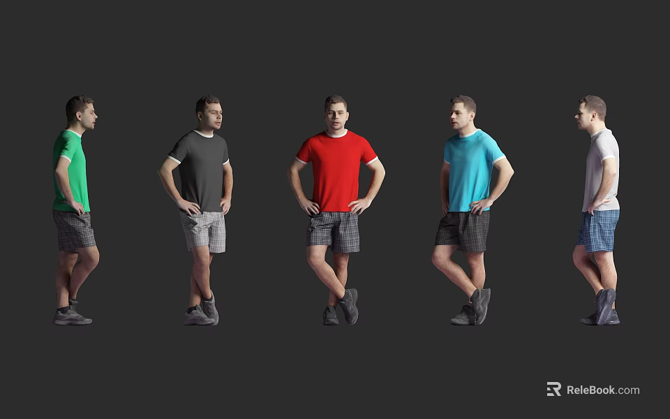 Men In Different Colored T Shirts Plaid Shorts Standing Various Poses Against Gray Background 3d model 
