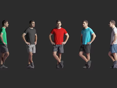 Men In Different Colored T Shirts Plaid Shorts Standing Various Poses Against Gray Background 3d model