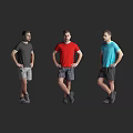 Men In Different Colored T Shirts Plaid Shorts Standing Various Poses Against Gray Background