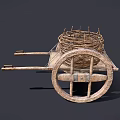 Rustic Vintage Wooden Cart Featuring Wicker Basket and Large Spoked Wheels
