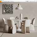 Cream Style Dining Table and Chair Round Table and Chair Carpet Decorative Painting Chandelier 3d model