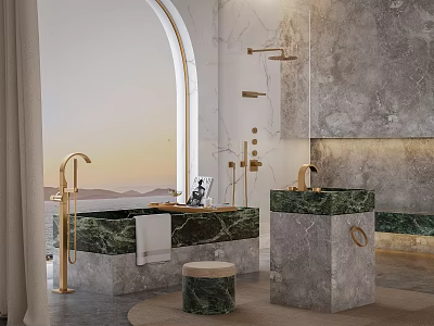 Luxury Bathroom Interior With Green Marble Vanity Golden Faucets And Sunset View 3d model