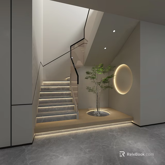 Modern Staircase Interior Design With Illuminated Steps Circular Decor And Green Plant 3d model