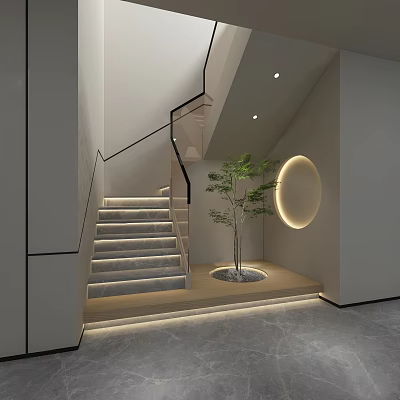 Modern Staircase Interior Design With Illuminated Steps Circular Decor And Green Plant 3d model