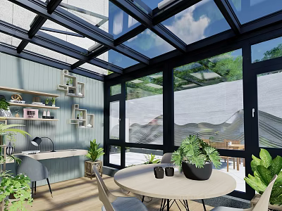 Modern Villa Balcony with Glass Roof Large Windows Table Chairs and Green Plants 3d model