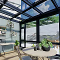 Modern Villa Balcony with Glass Roof Large Windows Table Chairs and Green Plants