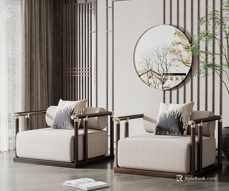 Chinese Style Light Beige Armchair with Wooden Frame Metal Accents and Decorative Pillows 3d model 
