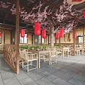 Traditional Chinese Restaurant Interior Featuring Bamboo Tables Chairs Red Lanterns Round Mirrors And Clay Pots