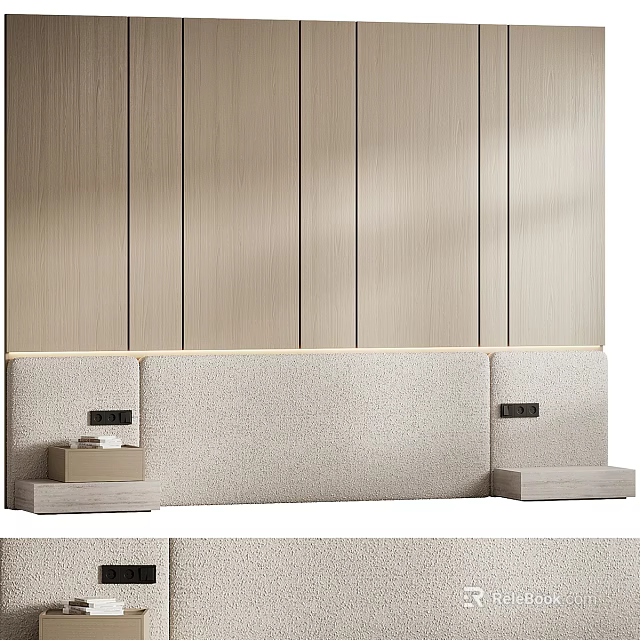 Modern Wooden Panel Bedroom Background Wall with Light Tone Upholstered Headboard and Side Tables 3d model 