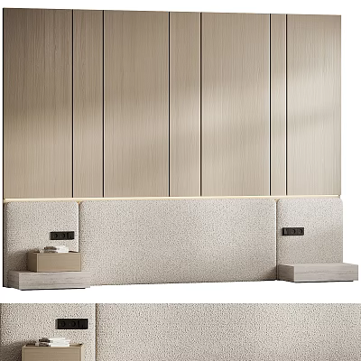 Modern Wooden Panel Bedroom Background Wall with Light Tone Upholstered Headboard and Side Tables 3d model