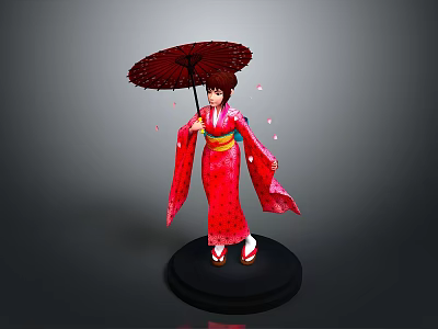 Traditional Red Kimono Costume With Doll Figure And Red Umbrella Cherry Blossom Petals 3d model
