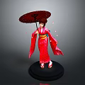 Traditional Red Kimono Costume With Doll Figure And Red Umbrella Cherry Blossom Petals