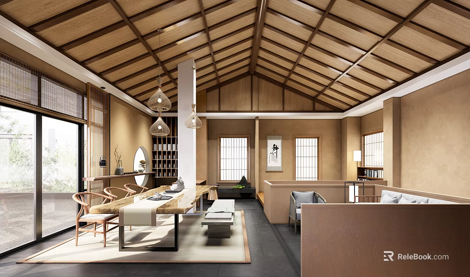 Traditional Japanese Tea House Interior With Wooden Ceiling 3d model 