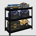 Metal Storage Shelf With Blue Toolboxes And Yellow Power Tools