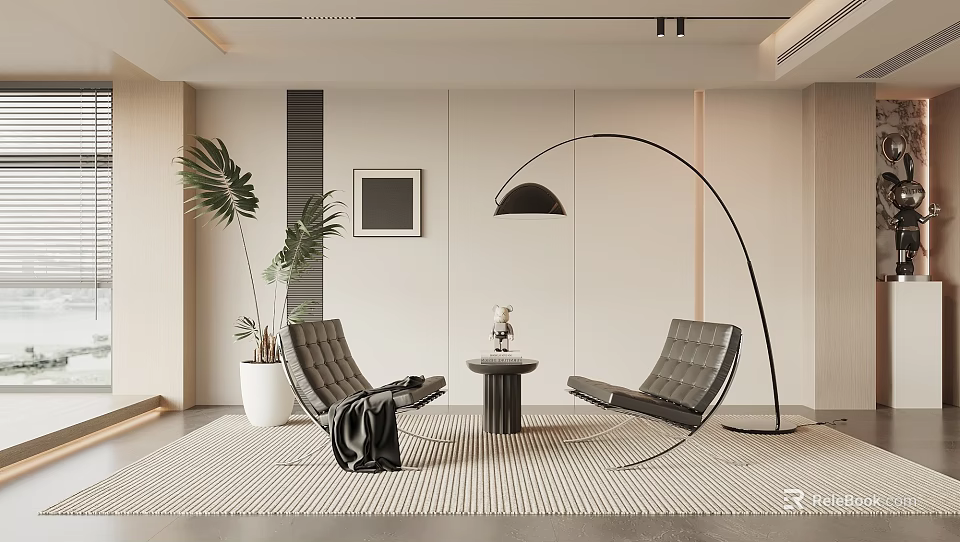 Modern Minimalist Black Leather Chairs And Round Table With Floor Lamp Plant Decor 3d model